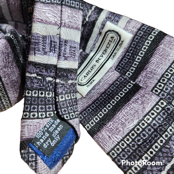 Carlos Devenezia 100% Silk, Hand Made Purple,, Silver & Charcoal Tie - Picture 5 of 8